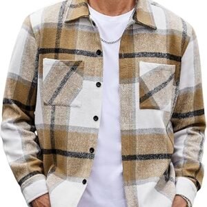 COOFANDY Men's Flannel Shirts Casual Button Down Plaid Shirt Jacket Long Sleeve Fleece Shacket with Pockets