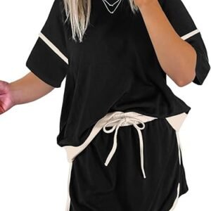 EVALESS Women's 2 Piece Sets Summer Casual Short Sleeve Tops Matching Drawstring Mini Skirt Going Out Lounge Outfits